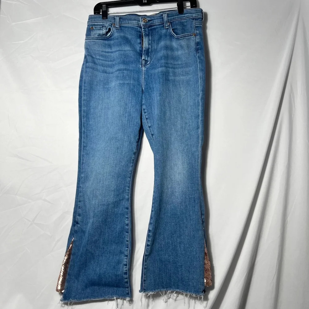 7 For All Mankind Luxe Vintage High Waist Slim Kick Sequined Jeans, Blue Size 31 - Picture 4 of 11